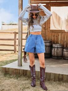 Breezaya Women's Loose Pleated Pocket Wide Leg Casual Denim Shorts Western Wear Women Boho Denim - Blue - View 4