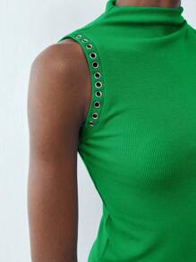 Maija 春季新款蓝色金属装饰女式背心无袖收腰都市现代优雅日常休闲适合外出度假节日派对老钱波西米亚90年代女装、夏季、乡村音乐会、街头女装、斯德哥尔摩风格、斯德哥尔摩风格、俱乐部、教师、女性教师、都市现代与复古富裕风格