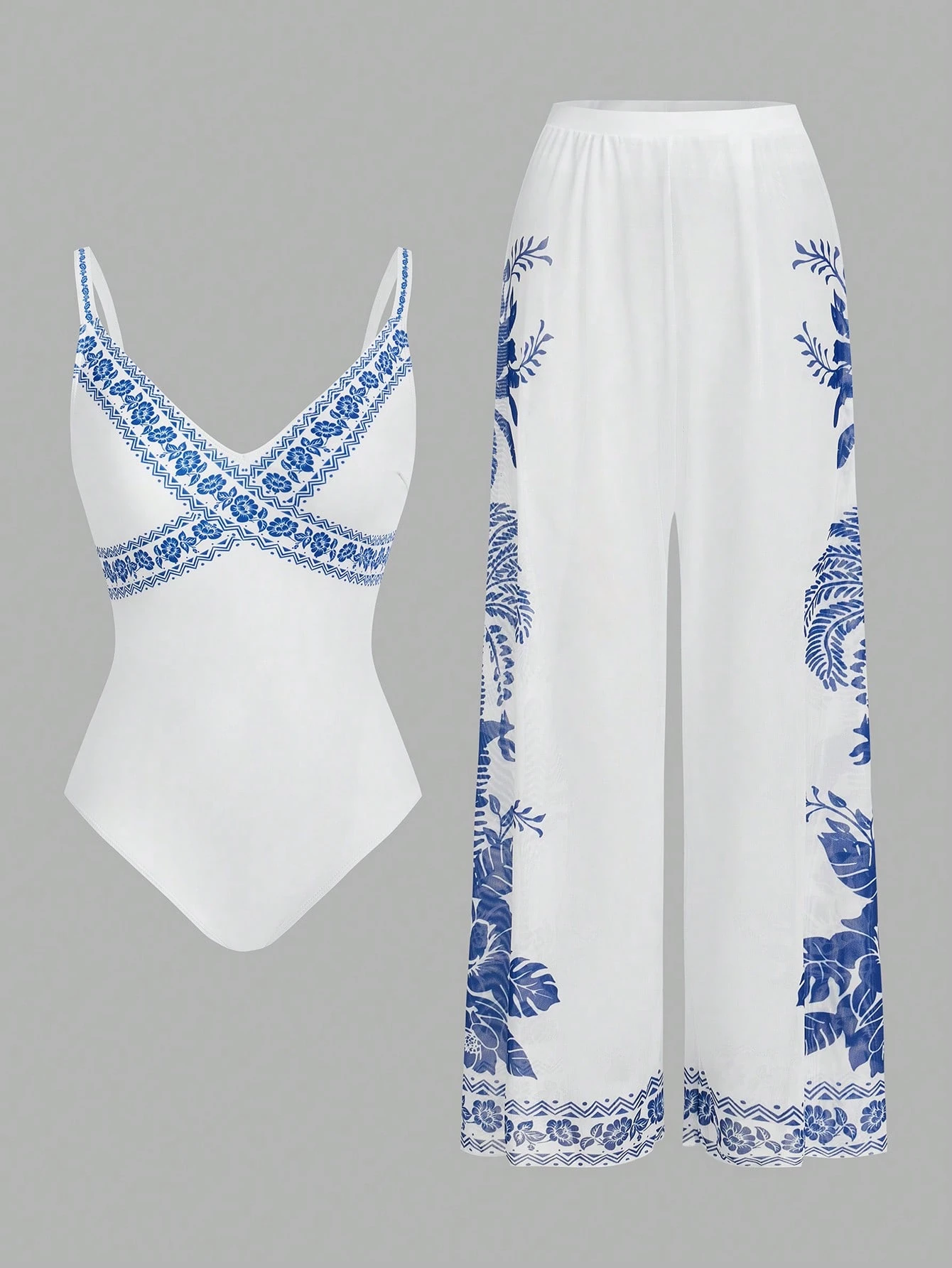 SHEIN Swim Oasis 2 Peças/Conjunto Maiô com Estampa Floral de Decote em V e Calça Pantalona Cobre Tudo para Praia e Férias - Azul e Branco - Visão 1