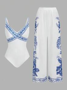 SHEIN Swim Oasis 2pcs/Set Floral Print V-Neck One-Piece Swimsuit And Wide Leg Pants Cover Up Beach Vacation Set - Blue and White - View 1
