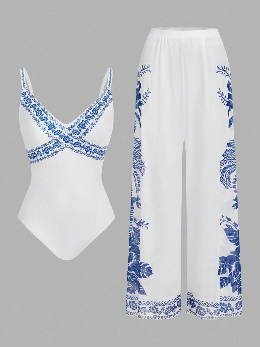 SHEIN Swim Oasis 2pcs/Set Floral Print V-Neck One-Piece Swimsuit And Wide Leg Pants Cover Up Beach Vacation Set - Blue and White - View 1