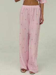 Aloruh Elegant Cute Striped Bow Print Simple Commuting & Home Office Versatile Shirt And Straight Leg Pants Set,Summer Sets - Pink - View 4