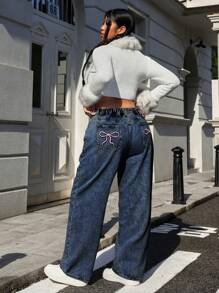 SHEIN ICON 大码前扣口袋蝴蝶刺绣简约休闲牛仔裤 - 霧霾藍 - 查看 7