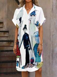 SHEIN LUNE Summer Casual Person Print Button Front Shirt Dress - Multicolor - View 3