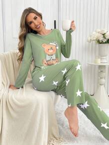 2pcs/Set Cartoon Bear & Star Print Long Sleeve Pajama Set, Fall Winter Clothes - Green - View 4