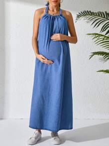 SHEIN 孕妇休闲露背挂脖牛仔连衣裙 - 中等水洗藍 - 查看 3