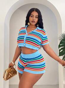 Slaydiva 2025 New Style Easter/Western/Holiday Vacation Spring/Summer Outfit For Women, Casual Minimalist Hollow Striped Cardigan Short Sleeve Top + Shorts, Women Summer/Spring Outfit, Casual Summer Clothes, Rave/European Summer Outfit, Western Wear Plus Size Outfit, Concert/Graduation Outfit - Multicolor - View 5
