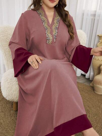 Al Najma 优雅圆领拼色大码连衣裙，朴素的卡夫坦长裙，适合晚会/婚礼嘉宾/周年纪念