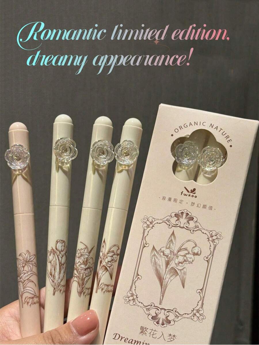 4pcs/Box Black Rotating Pen With INS Style Highly Attractive Value ST Head, Black Floral Dreamscape, Quick-Drying Homework Brush Pen Back To School, Durable, Ease Of Use, Giftable, Versatile
