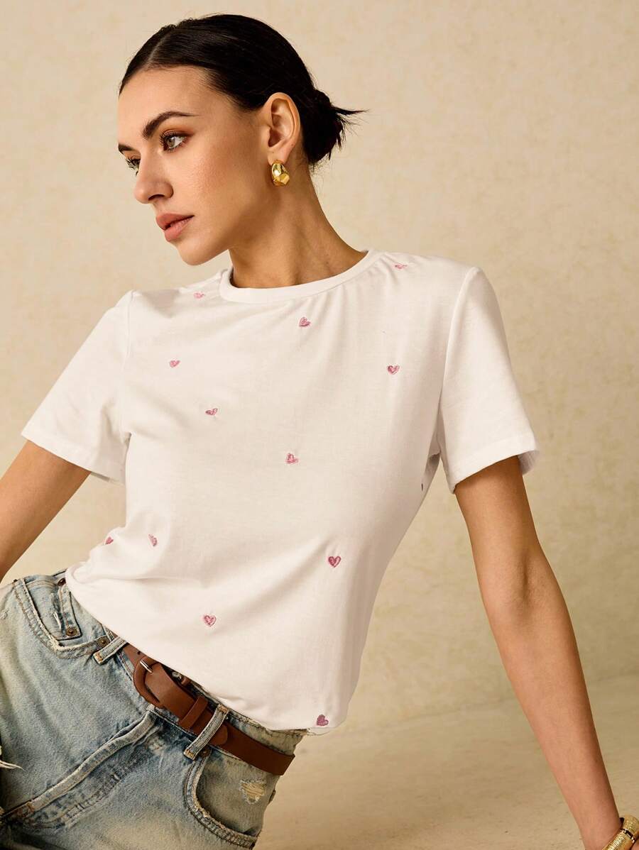 Poéselle Women Embroidery Heart Print Casual Daily Wear Short Sleeve T-Shirt,Summer T-Shirt Women T Shirts Cotton Tea Party Attire Embroidered Top T-Shirt Summer Tops - Multicolor - View 1