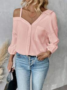 SHEIN Essnce Women's Spring/Fall Solid Color Asymmetric Collar Dropped Shoulder Loose Casual Blouse Spring And Summer New Fashion Street Style Casual Asymmetrical Shoulder Shirt - Baby Pink - View 3