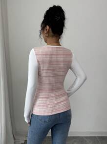 Chiquease 女士优雅修身长袖格子蝴蝶结 T 恤，适合春秋季节 - 紅色 - 查看 2