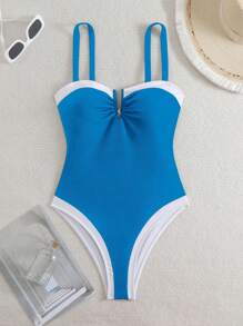 Swim Basics Spring Break Ribbed Colorblock V-Neck Steel Bra Monokini Women's One-Piece Swimsuit - Blue - View 7