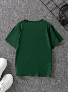 SHEIN Playful Pals Young Boy Round Neck Short Sleeve Casual Basic Olive Green T-Shirt With Milano Italy Letter Print