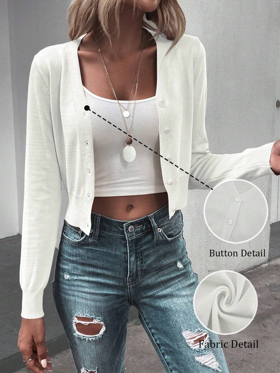 Pariaura 纯色前扣休闲长袖开衫，长袖上衣 - 白色 - 查看 1