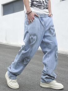 Manfinity Hypemode Men's Loose Heart Print Pocket Wide Leg Casual Jeans - Light Wash - View 3