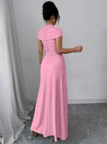 Elenzga Abito da sera di lusso da donna Elenzga, colore unito, design arricciato, elegante con maniche a cappuccio, maxi dress, abito lungo per estate, stile boho, vacanza, festival
