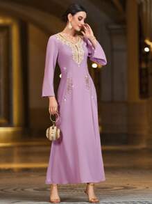 Al Najma V-Neck Long Sleeve Elegant Purple Rhinestone Waist Long Dress With Arabic Design Kaftan Jalabiya Dress