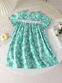 女婴褶皱花卉蕾丝拼接印花长袖睡衣裙，舒适家居服 - 綠色 - 查看 1