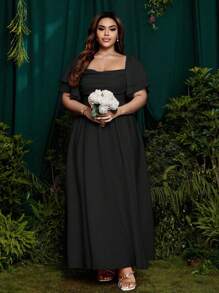 NU&NOW Vestido elegante con volantes y mangas abullonadas, cuello con lazo, de estilo plisado y fluido para fiesta, boda, vacaciones, en estilo vintage para mujer de talla grande