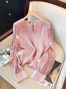 SHEIN Clasi 大码女式纯色圆领长袖奢华装饰衬衫 - 粉色 - 查看 2