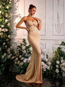 Glamrae 优雅闪亮杏色美人鱼长裙，适合正式晚会、派对、婚礼活动