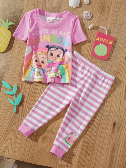 CoComelon X SHEIN Baby Girls Cartoon Friend & Rainbow Print Pink Short Sleeve T-Shirt With Striped Casual Leggings Pajama Set