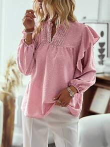 EMERY ROSE Women's Contrast Lace V-Neck Lantern Sleeve Blouse Fall Cloth For Women - Pink - View 5