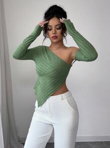 Elenzga Women Solid Color Off Shoulder Fitted Asymmetric Hem Long Sleeve Fuzzy Soft T-Shirt