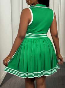 Slaydiva Plus Size Women Casual Sports Tennis Style Striped Two-Piece Set,Holiday Outfits