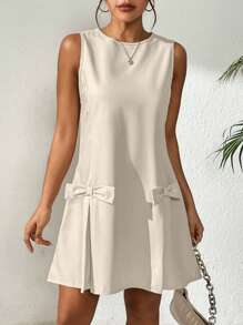 Breezaya 女士休闲纯色圆领无袖蝴蝶结短款连衣裙 - 杏色 - 查看 5