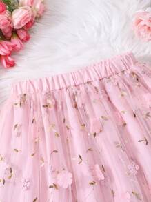 SHEIN Falda de tul rosa para niña preadolescente, con bordado floral 3D, elegante y versátil para uso diario, vacaciones, verano, viaje - Rosa - Ver 3