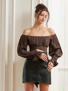 Aveloria Rosie Rosie Knotted Tie Front Convertible Off Shoulder Cropped Shirt  Old Money Style For Spring Fall - Coffee Brown - View 5
