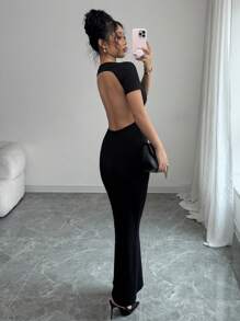 Chiquease Vestido mini con espalda descubierta, de manga larga, sin tirantes y unicolor, sexy, para primavera/verano