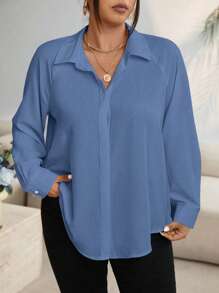 EMERY ROSE Plus Size Casual Solid Color Long Sleeve Shirt - Dusty Blue - View 1
