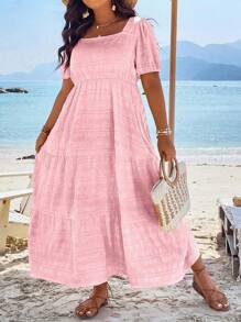 SHEIN Clasi Plus Square Neck Puff Sleeve Ruffle Hem Dress Maxi Women Outfit - Pink - View 4