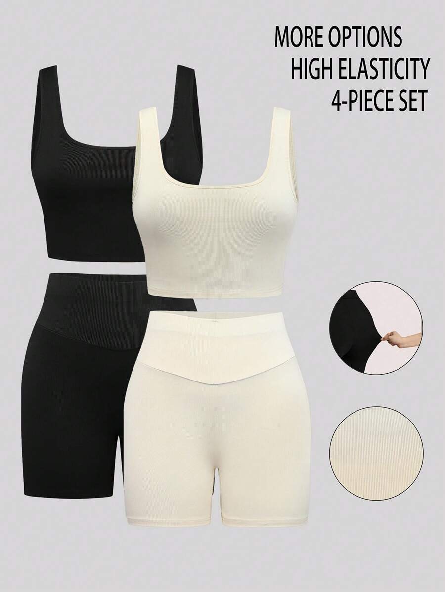 Calvaya Plus Size Women's Deep V-Neck Vest + 4-Inch Shorts Sports Suit - Multicolor - View 1