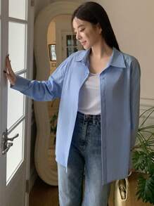DAZY 女士纯蓝色休闲衬衫，商务休闲 - 藍色 - 查看 7