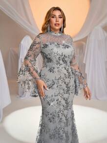SHEIN Belle Plus Size Burgundy Embroidered Oriental Qipao Collar Dress With Oversized Flared Sleeves, Mermaid Hem And Beaded Details, Elegant Evening Gown - Grey - View 2