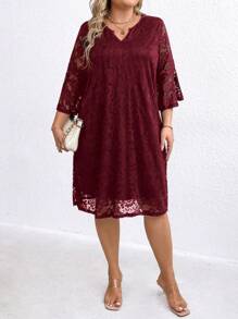 Rometta Vestido midi de encaje con cuello con escote entallado y mangas acampanadas de 3/4 para tallas grandes - Burdeos - Ver 1