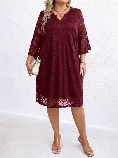 Rometta Plus Size Notched Neck 3/4 Ruffle Sleeve Lace Midi Dress