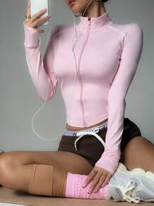 Dewbera Sporty Chic Contrast Color Zip Up Fitted Yoga Jacket, Elegant Design For Workout, Daily Life & Casual Wear