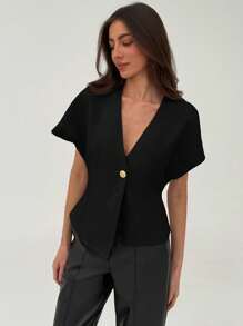 Aloruh 简约办公室通勤时尚深 V 腰合身短款不对称下摆女式西装外套 - 黑色 - 查看 8