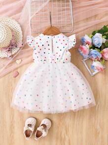 Baby Girl Casual Colorful Polka Dot White Ruffle Hem Short Sleeve Mesh Dress, Suitable For Daily Casual Wear, Outdoor Activities And Small Gatherings, Spring/Summer - White - View 2