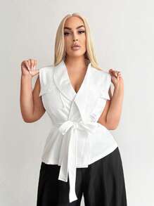SHEIN SXY Plus Size Vrouwen Sexy Streetwear Gyanu Y2K Revers Kraag Borstzak Decor Mouwloos Strik Taille Vest, Geschikt Voor Dagelijkse Kleding, Zakelijk, Eenvoudig, Woon-werkverkeer, Elegant, Casual, Winkelen, Streetwear, Uitgaan, Gemakkelijk Te Combineren & Ziet Er Slank Uit, Accentueert Uw Lichaam, Flatteert Uw Figuur