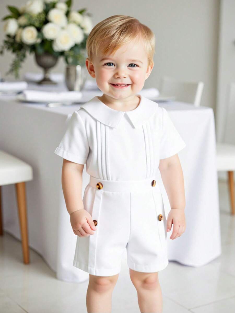 Souflis Souflis Baby Boy Gentleman Style Solid Peter Pan Collar Short Sleeve Shirt And Shorts Set, Fashion Soft Comfortable Suitable For Summer - White - View 1