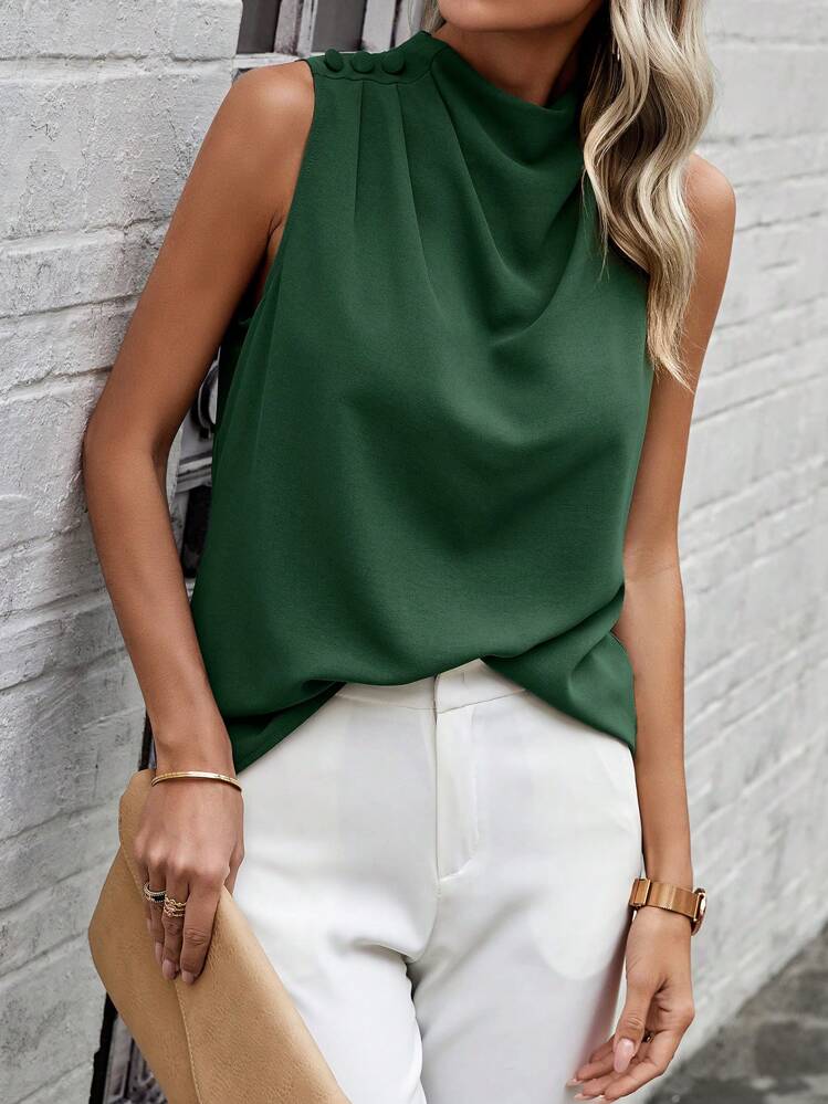 SHEIN Clasi Women's Solid Color Turtleneck Sleeveless Casual Fashion Blouse - Dark Green - View 6