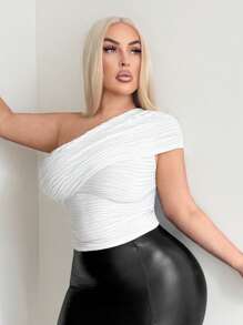 SHEIN SXY Plus Size Women One Shoulder Ruched Sides Ruched Textured Fabric Bodycon Top, Suitable For Everyday Wear, Date Night, Birthday, Bachelorette Party Outfit, Elegant, Casual, Shopping, Streetwear, Going Out, , Easy To Match & Looks Slim, Accentuate Your Body, Flatter The Figure