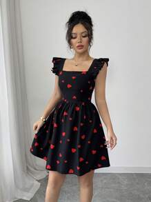 Rafferiza Elegant Random Heart Print Tie Back Backless Cap Sleeve Mini Dress - Red and Black - View 4