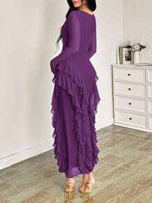 Modelyn Elastic Mesh Ruffled Collar Bodycon Dress For Women, Elegant Spring/Summer - Red Violet - View 2